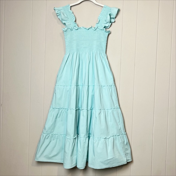 Hill House Home Ellie Nap Dress XS Bay Blue poplin stretch cotton ruffle midi - Picture 5 of 11